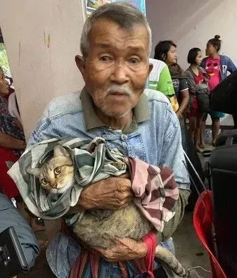 台风来袭泰国南部 老爷爷紧紧抱着爱猫逃难 | 猫